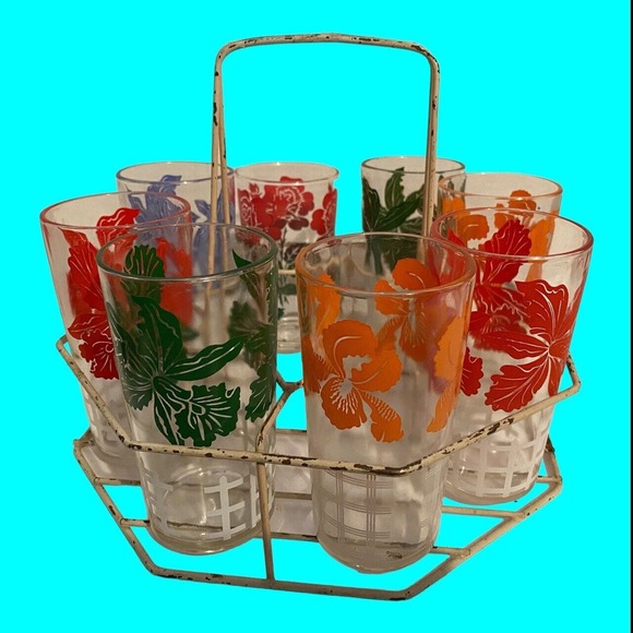 8 Floral Drinking Glasses Wire Caddy 7 Irises Hazel Atlas 1 Rose Libbey Country - Picture 5 of 13
